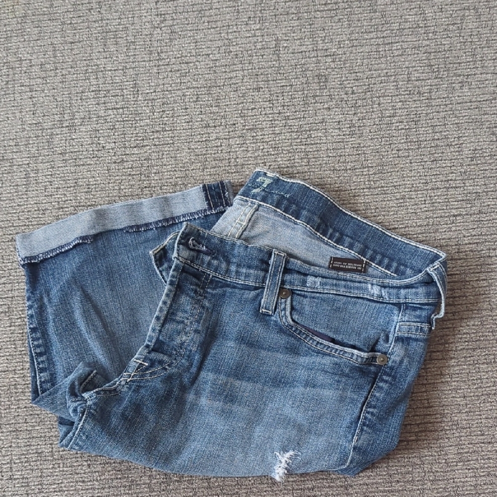 7 For All Mankind Distressed Blue Boyfriend Jean Shorts